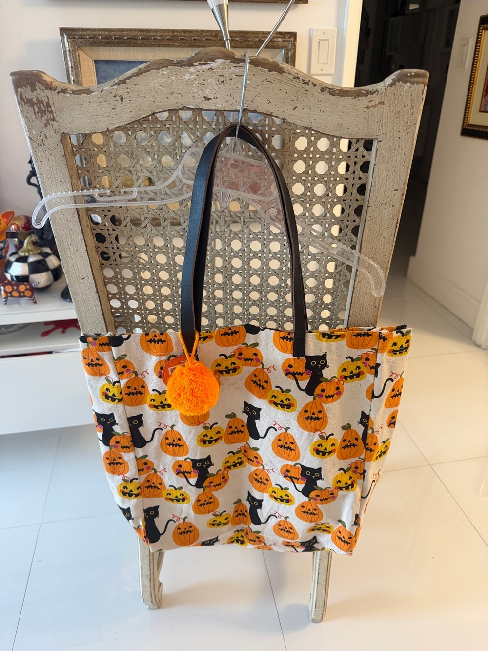 Halloween Pumpkin & Black Cat & Pumpkins Canvas Tote Bag in Orange